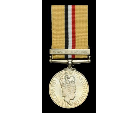 Iraq 2003-11, 1 clasp, 19 Mar to 28 Apr 2003 (25142440 Tpr K R Lawa QDG) together with rosette in its named card box of issue