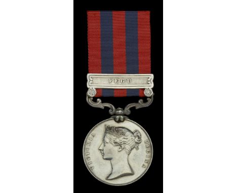 India General Service 1854-95, 1 clasp, Pegu (Lieut. W. R. Newlyn. Sub Asst. Commy. Genl. Staff.) minor edge nicks, good very