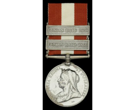Canada General Service 1866-70, 2 clasps, Fenian Raid 1866, Fenian Raid 1870 (1024 Corl. H. Upson, Rifle Bde:) impressed nami