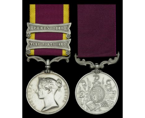 Pair: Sergeant Frederick Peacock, 67th Foot  China 1857-60, 2 clasps, Taku Forts 1858, Taku Forts 1860 (Fredk Peacock 67th Re