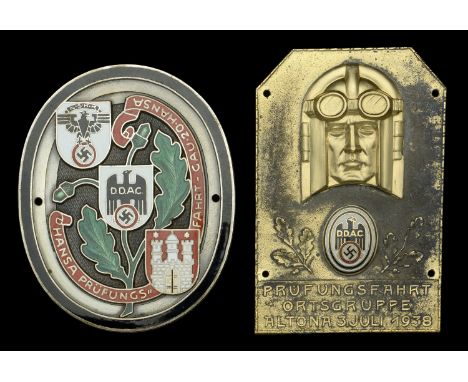 Two German Second War Third Reich Automobile Club Badges. Comprising a beautiful motoring plaquette, 78mm x 62mm, Hamburg mak