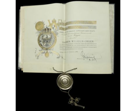 An Imperial German Prussian Wilhelm Order Citation. The citation for the Order awarded to Leopold Koppel measuring 470mm x 38