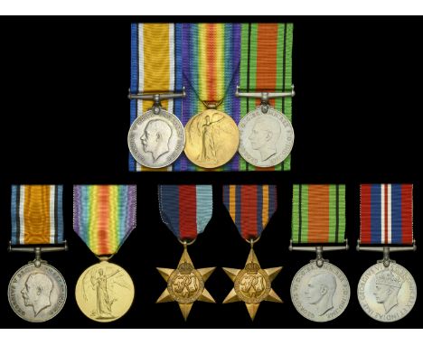 Three: Corporal T. W. Arey, Military Foot Police British War and Victory Medals (P-3133 Cpl. T. W. Arey. M.F.P.); Defence Med