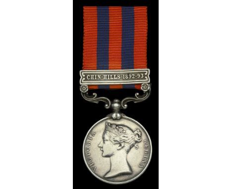 India General Service 1854-95, 1 clasp, Chin Hills 1892-93 (1999 Pte. R. Dell 1st Bn. Norfolk Regt.) contact marks, nearly ve