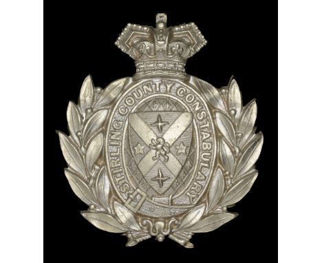 Stirling County Constabulary Helmet Plate. A fine quality example in die-stamped white metal, St. Edward’s crown over an oval