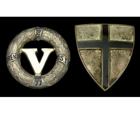 Germany, Weimar Republic, Fifth Army Corps Badge 1919, silver and enamel, with pinback suspension; Grenschutz Ost shield badg