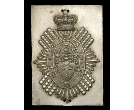 Hamilton Burgh Police Uncut Victorian Period Helmet Plate. A good quality rare example in die-stamped white metal, St. Edward