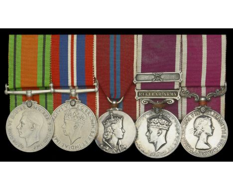 Five: Colour Sergeant A. J. Winser, Welsh Guards, a recipient of the rare E.II.R, 1st type Meritorious Service Medal  Defence