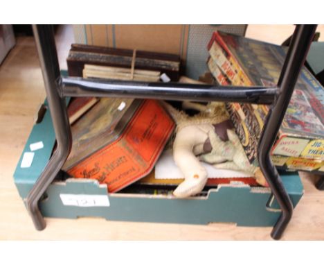 A box containing Blackbird self filling pen, 14ct nib, Mabie Todd and Co Ltd, corkscrew, child's accordion, jigsaws., etc 