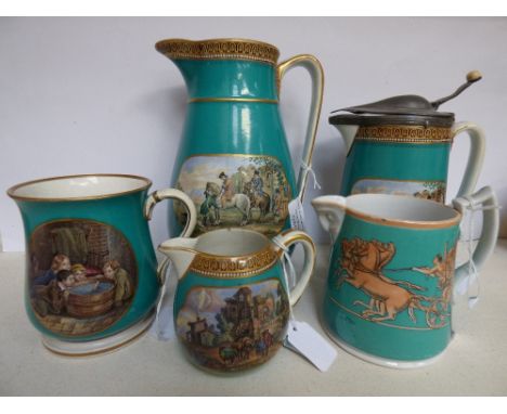 A collection of Prattware turquoise ground jugs and mug including baluster mug with Snap Dragon pattern, Etruscan chariot des