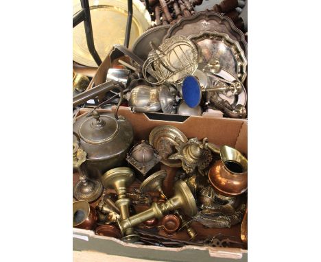 Two boxes of various metalware, comprising a pair of early 19th century brass candlesticks, teapot, candelabrum, a silver pla