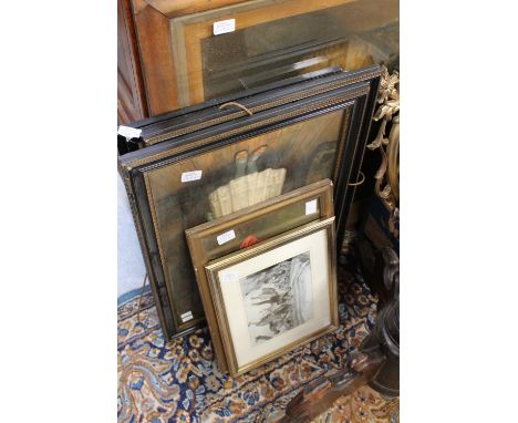 A collection of Victorian and later prints, including a birds eye maple framed portrait of a gentlemen (7) 
