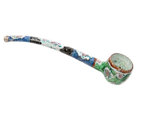 A clay and metal bound pipe, polychrome enamel and painted decoration of flora and fauna, possibly Eastern European 
