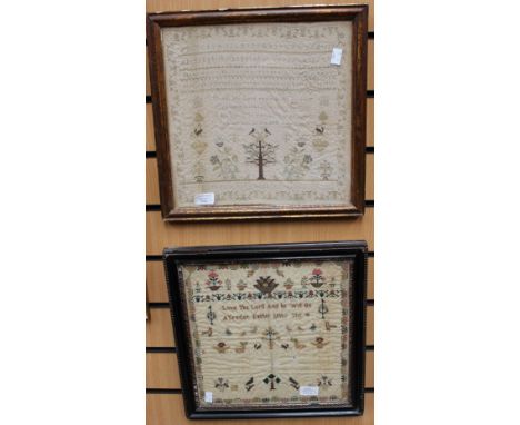 A Victorian textile sampler, dater 1877 plus another coloured thread example depicting foreign animals (af)