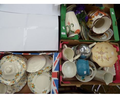 Three boxes of ceramics to include Alfred Meakin 'Undercliffe' dinner service, flow blue part service, 1950s teapot Crown Dev