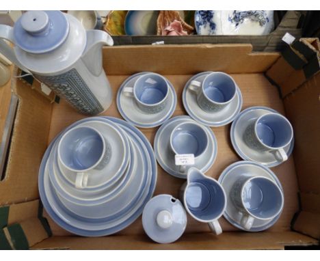  A 1970s Hornsea Tapestry coffee set, pale blue ground, including coffee pot, cups, saucers, plates, jug, sugar bowl etc., 25