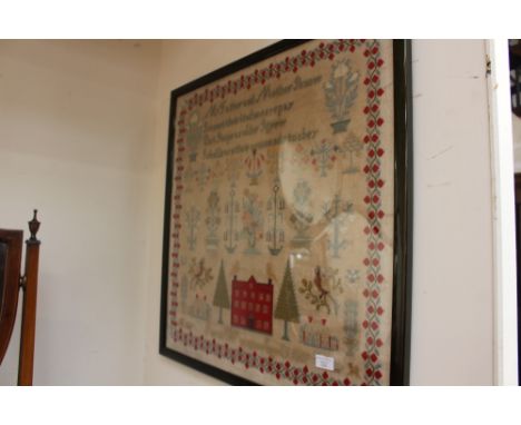 A large Victorian sampler by Sarah Warren aged 9, 1889, depicting verse, houses, birds, flowers and foliage, etc 