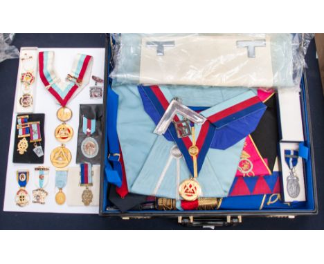 A large collection of Masonic regalia and medals, including various Surrey badges, medals and robes, Lodge Light in Arabia No