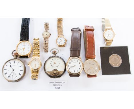 A 9ct gold Tissot watch, 19.4 grams approx; a Swiss silver pocket watch; other watches, etc 