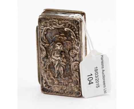 A Chester 1877 silver snuff box 1.22 ozt approx lid features repousse bagpipe player (Scottish) 
