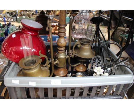 A box of assorted light fittings and light shades, plus a two branch lamp (one box) 