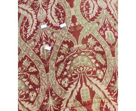 A William Morris style set of four woven curtains, late 19th Century, decorated with symmetrical foliage on a red ground 