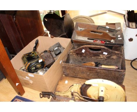 Two boxes of brushes, etc, a box of metalwares, large Salter scales, meat slice, etc (5) 
