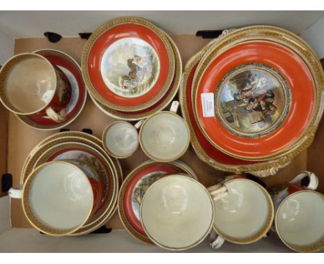 A collection of Prattware transfer printed teaware, Fenton, all with red banding and Grecian borders, various scenes includin