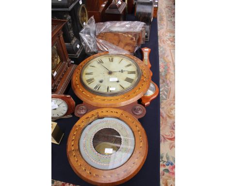 A walnut and inlaid drop case wall clock, a mantle clock, a barometer and another clock (4) 