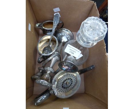 A late Victorian EPNS three piece tea service, Candelabra, a Victorian cut glass barrel decanter, etc (7) 