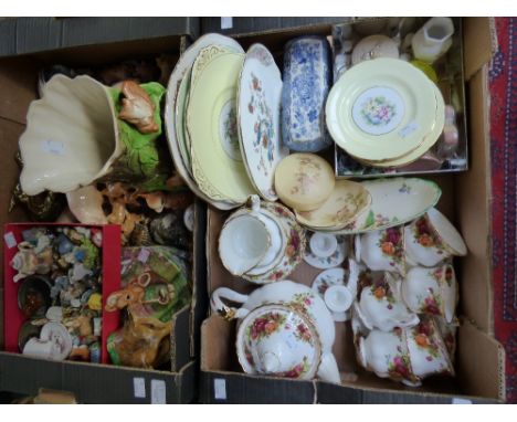Two boxes of ceramics including a Royal Albert Old Country Roses part tea service, Wade Whimsies, Doulton Pig collectors plat