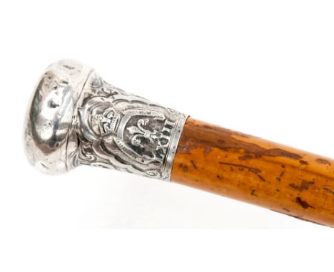 A late 19th Century silver topped Malacca walking stick, the silver mount engraved with monogram and crowned fleur de lys mot