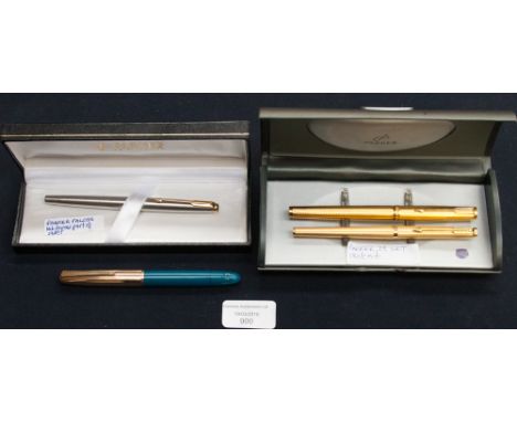 A Parker Falcon steel fountain pen, a rolled gold Parker 75 fountain pen and roller ball, 18ct nib and an Onoto teal and gold