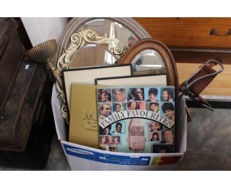 A box of mirrors, prints, records, lamp base, etc 