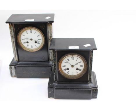 Two French mechanism mid 19th Century slate/marble cased clocks, Roman numerals on porcelain enamel dial, one Parisian (2) bo