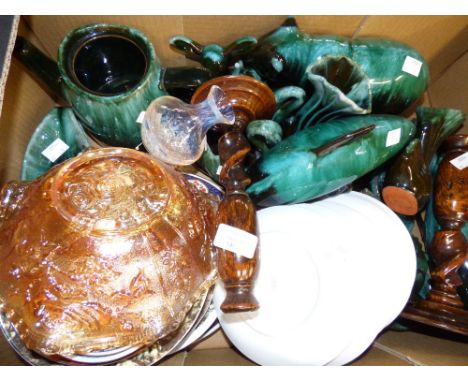 Blue Mountain Canadian animal figures decorative plates, carnival glass, Caithness and a pair of Edwardian turned wood candle