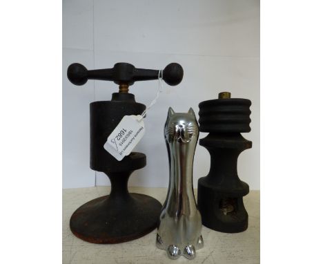 Robert Welch, a cast iron nut cracker together with a similar cast iron nutmeg grater and a stainless steel corkscrew in the 