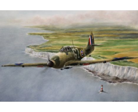 A Royal Worcester porcelain plaque painted by Milwyn Holloway (Royal Worcester Artist) of a 'Spitfire over the White Cliffs o