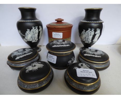 Prattware"Old Greek" pattern.  Black ground.  Pair vases.  Five pots and covers and a Redware tobacco jar