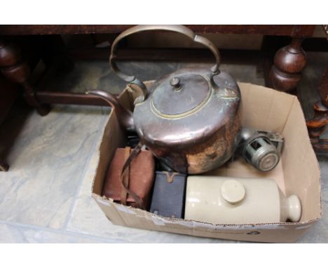 A late 18th Century copper kettle and a box of collectables, including cameras, bike lamp, etc 