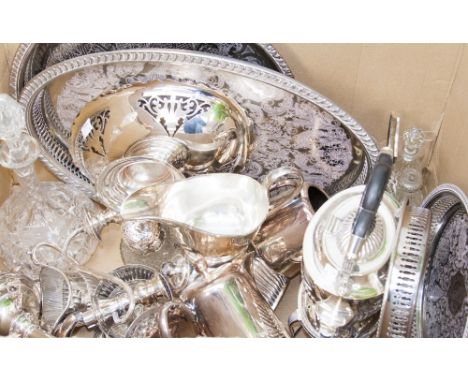 A large box of good silver plate, including teapot, kettle on stand, trays, cruet sets, jug, basins, baskets, candlestick 
