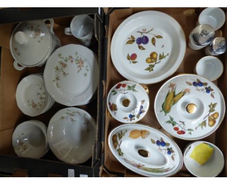 Two boxes containing a part dinner set, comprising Royal Worcester 'Evesham' tureens, two condiment pots, a large dish, vario