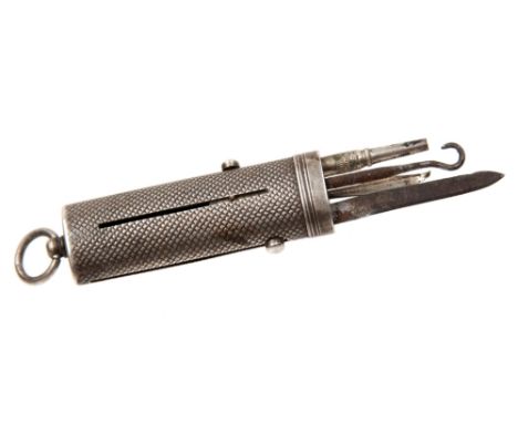 A late Victorian silver plated pocket etui oval engine turned case, fitted with four propelling items including pencil and bu