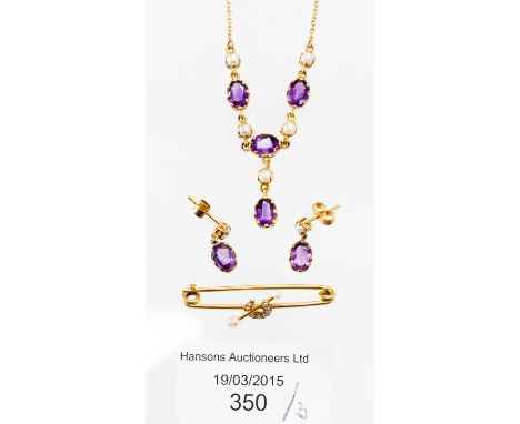 A 9ct gold, amethyst and seed pearl necklace and earrings; with a seedpearl bar brooch
