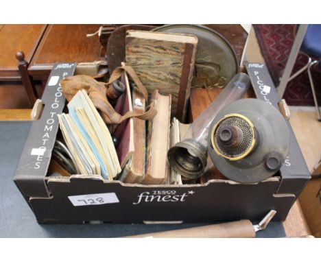 A box containing a walnut wok box (missing its escutcheons) oil lamp, hall mirror brush set, books, etc 