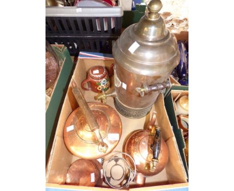 A copper and brass tea urn, copper kettle, electric copper kettle, etc (9) 