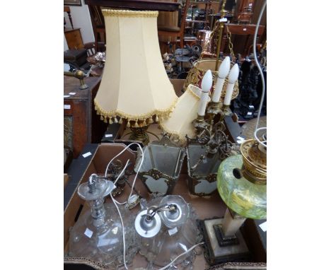 Two boxes of lamps including a pair of centre hanging light fittings with lustres and droppers and an oil lamp converted into