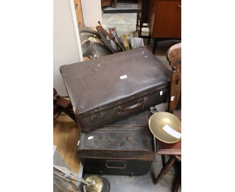 A Victorian tin trunk containing modern Christmas decorations and two vintage suitcases (3)