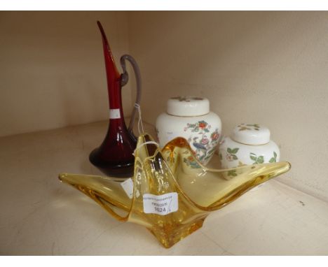 Two pieces of Art Deco glass, amber glass bowl and ruby glass jug, together with two Wedgwood ginger jars (4) 