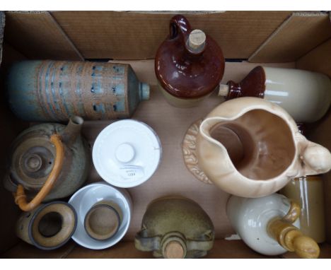 A tray of stoneware flagons, art pottery lamp, Sylvac jug etc